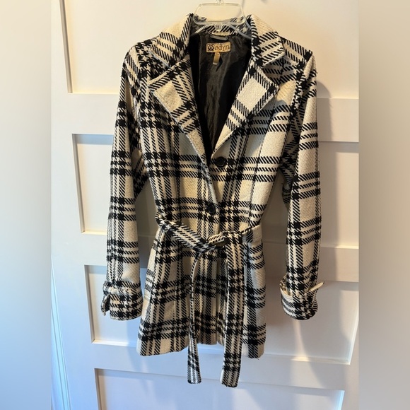 🇺🇸 WOdyn black and white plaid belted winter dressy coat Jacket size Large - Picture 1 of 6